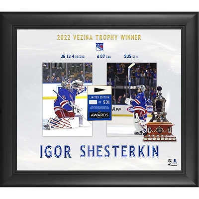 Igor Shesterkin New York Rangers Framed 15'' x 17'' 2022 Vezina Trophy Winner with a Piece of Game-Used Puck - Limited Edition of 531
