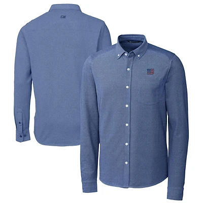 Men's Cutter & Buck Blue New York Giants Advantage Tri-Blend Pique Long Sleeve Button-Down Shirt