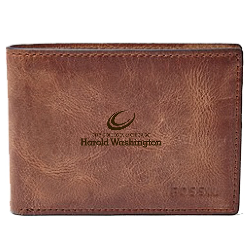 Men's Fossil Brown Harold Washington College Phoenix Leather Derrick Front Pocket Bi-Fold Wallet