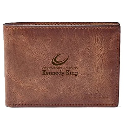 Men's Fossil Brown Kennedy-King College Statesmen Leather Derrick Front Pocket Bi-Fold Wallet