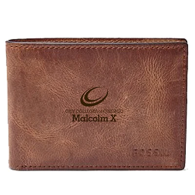 Men's Fossil Brown Malcolm X College Hawks Leather Derrick Front Pocket Bi-Fold Wallet