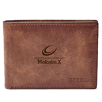 Men's Fossil Brown Malcolm X College Hawks Leather Derrick Front Pocket Bi-Fold Wallet