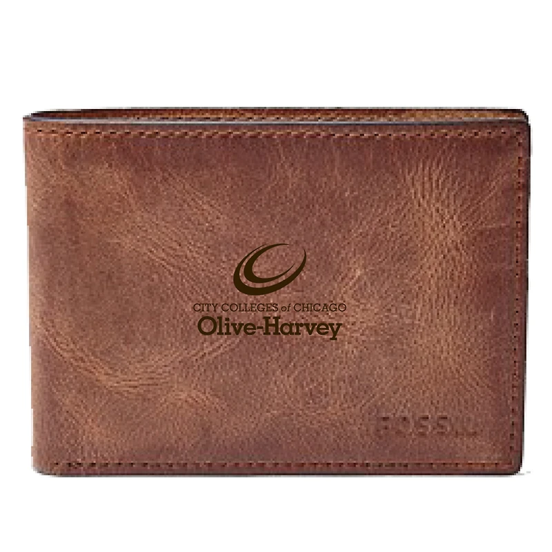 Men's Fossil Brown Olive-Harvey College Purple Panthers Leather Derrick Front Pocket Bi-Fold Wallet