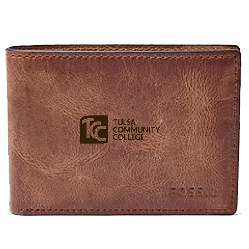 Men's Fossil Brown Tulsa Community College Leather Derrick Front Pocket Bi-Fold Wallet