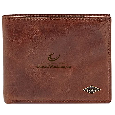 Men's Fossil Brown Harold Washington College Phoenix Leather Ryan RFID Flip ID Bifold Wallet