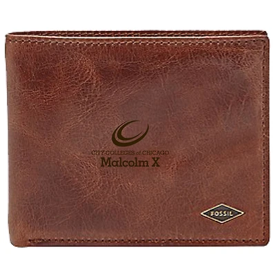 Men's Fossil Brown Malcolm X College Hawks Leather Ryan RFID Flip ID Bifold Wallet
