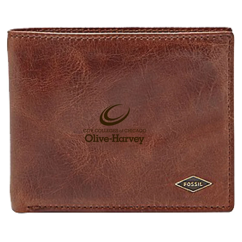 Men's Fossil Brown Olive-Harvey College Purple Panthers Leather Ryan RFID Flip ID Bifold Wallet