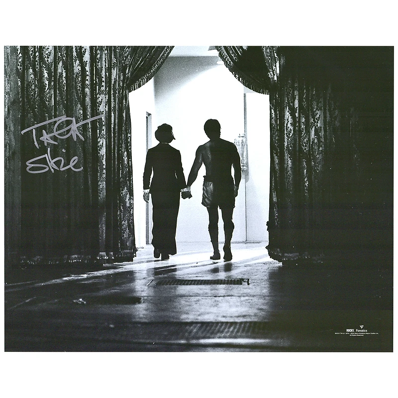 Talia Shire Rocky Autographed 11" x 14" Black and White Holding Hands with Rocky Photograph