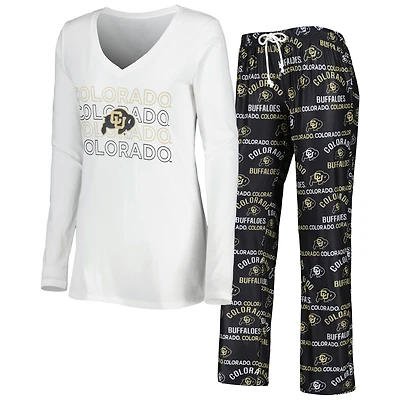 Women's Concepts Sport Black/White Colorado Buffaloes Breakthrough Allover Print Long Sleeve V-Neck Top and Pants Sleep Set