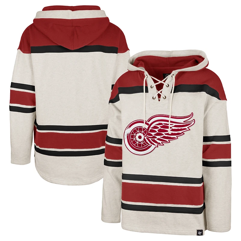 Men's '47 Oatmeal Detroit Red Wings Rockaway Lace-Up Pullover Hoodie