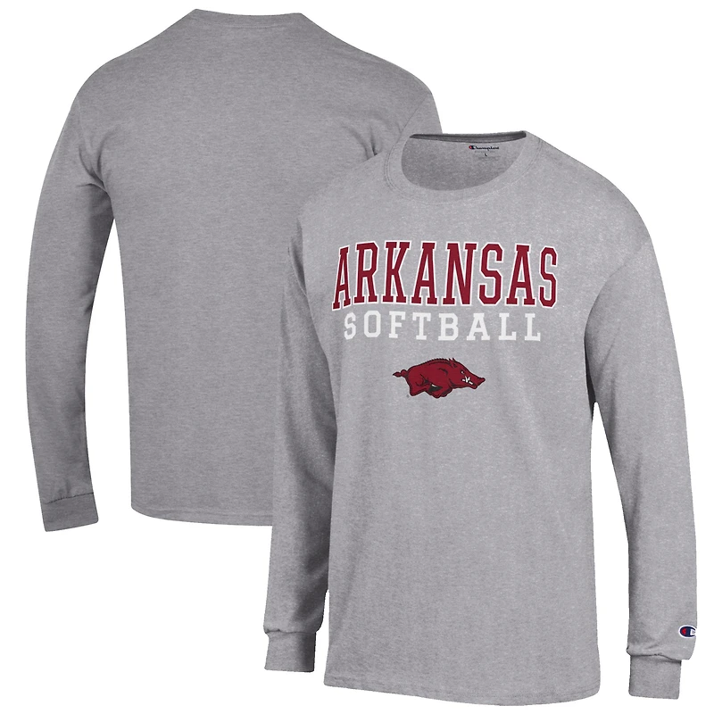 Men's Champion Gray Arkansas Razorbacks Softball Stack Long Sleeve T-Shirt
