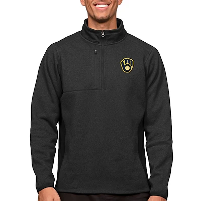 Men's Antigua Heathered Black Milwaukee Brewers Course Quarter-Zip Pullover Top