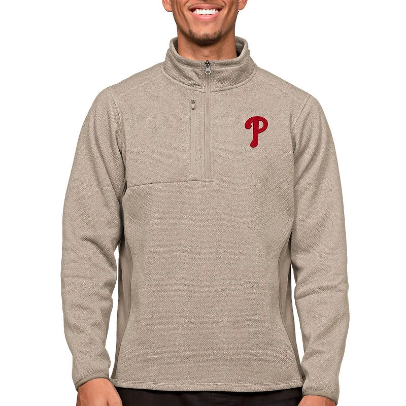 Men's Antigua Oatmeal Philadelphia Phillies Course Quarter-Zip Pullover Top
