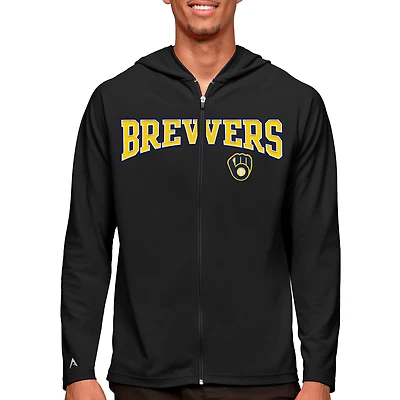 Men's Antigua Black Milwaukee Brewers Wordmark Legacy Full-Zip Hoodie