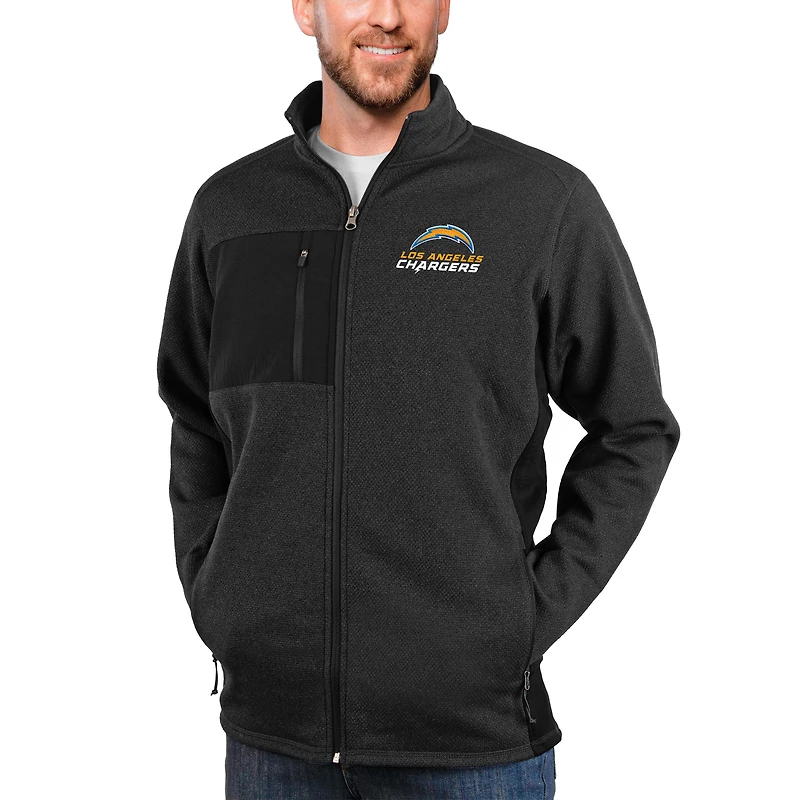 Men's Antigua Heathered Black Los Angeles Chargers Course Full-Zip Jacket