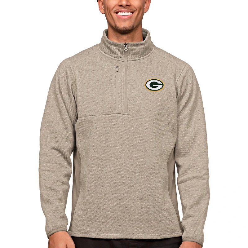 Men's Antigua Oatmeal Green Bay Packers Course Quarter-Zip Pullover Top