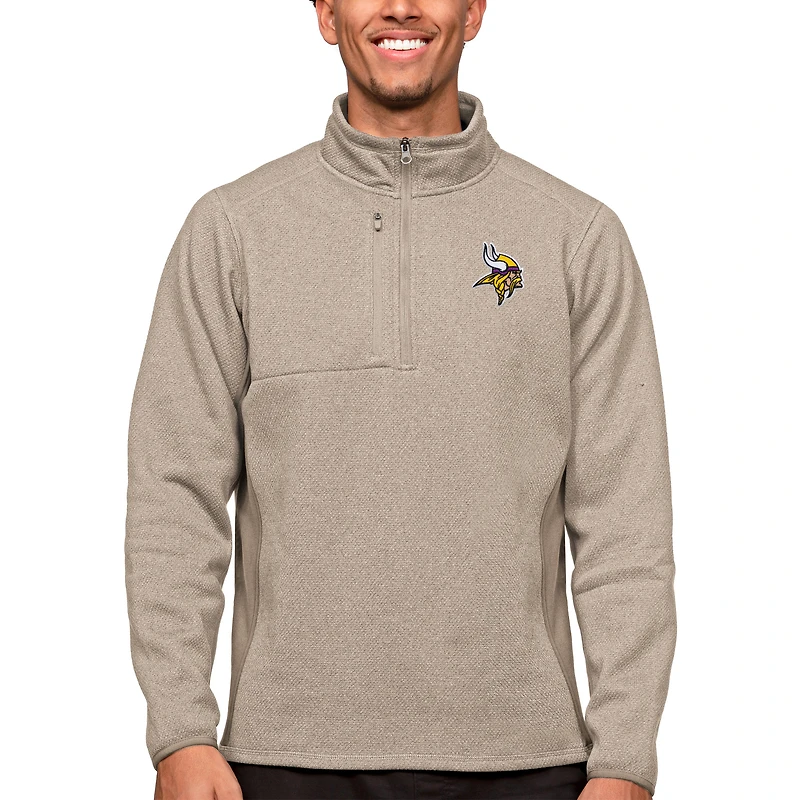 Men's Antigua Oatmeal Minnesota Vikings Course Quarter-Zip Pullover Top