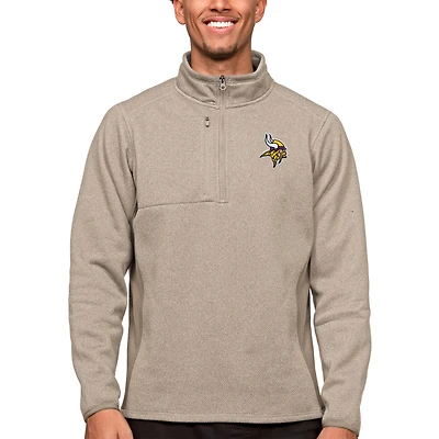 Men's Antigua Oatmeal Minnesota Vikings Course Quarter-Zip Pullover Top