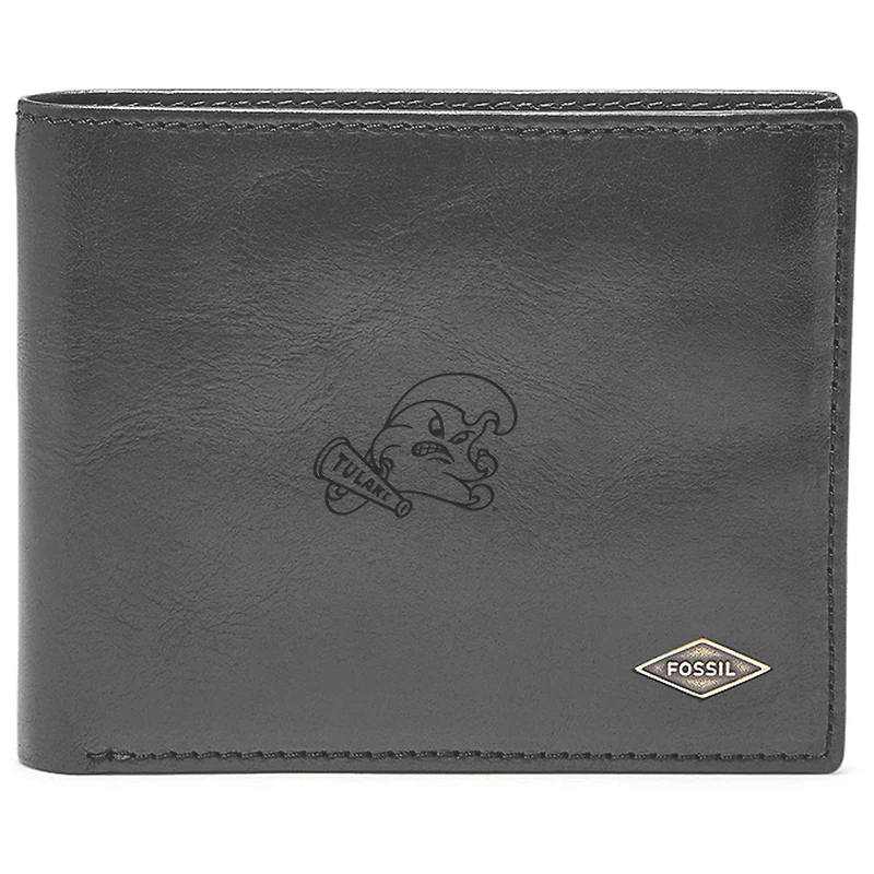 Men's Fossil Black Tulane Green Wave Leather Ryan RFID Flip ID Bifold Wallet