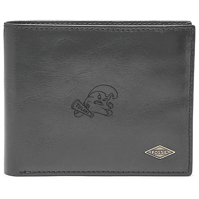 Men's Fossil Black Tulane Green Wave Leather Ryan RFID Flip ID Bifold Wallet
