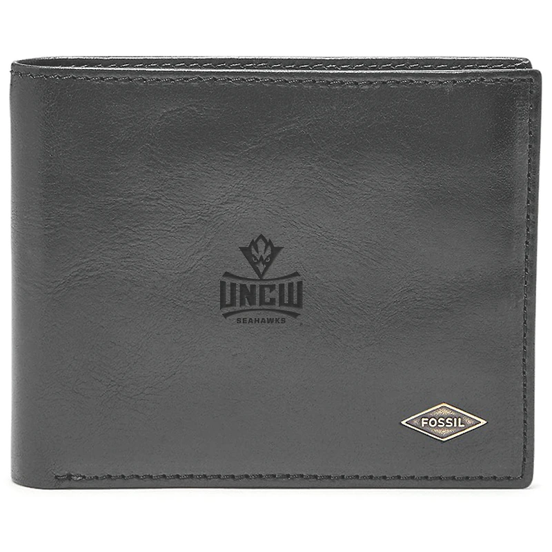 Men's Fossil Black UNC Wilmington Seahawks Leather Ryan RFID Flip ID Bifold Wallet