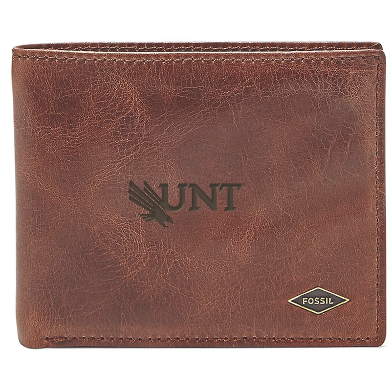 Men's Fossil Brown North Texas Mean Green Leather Ryan RFID Flip ID Bifold Wallet