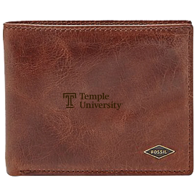 Men's Fossil Brown Temple Owls Leather Ryan RFID Flip ID Bifold Wallet