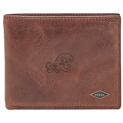 Men's Fossil Brown Tulane Green Wave Leather Ryan RFID Flip ID Bifold Wallet