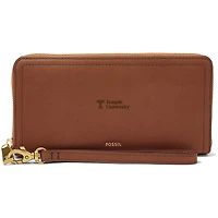 Women's Fossil Brown Temple Owls Leather Logan RFID Zip Around Clutch