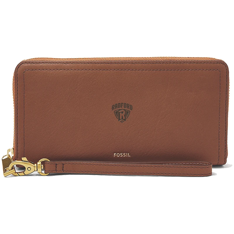 Women's Fossil Brown Radford Highlanders Leather Logan RFID Zip Around Clutch