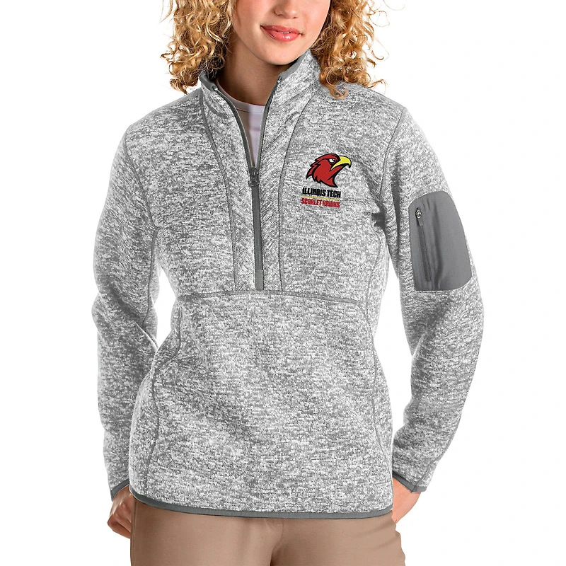 Women's Antigua Heathered Gray Illinois Tech Scarlet Hawks Fortune Quarter-Zip Pullover Jacket