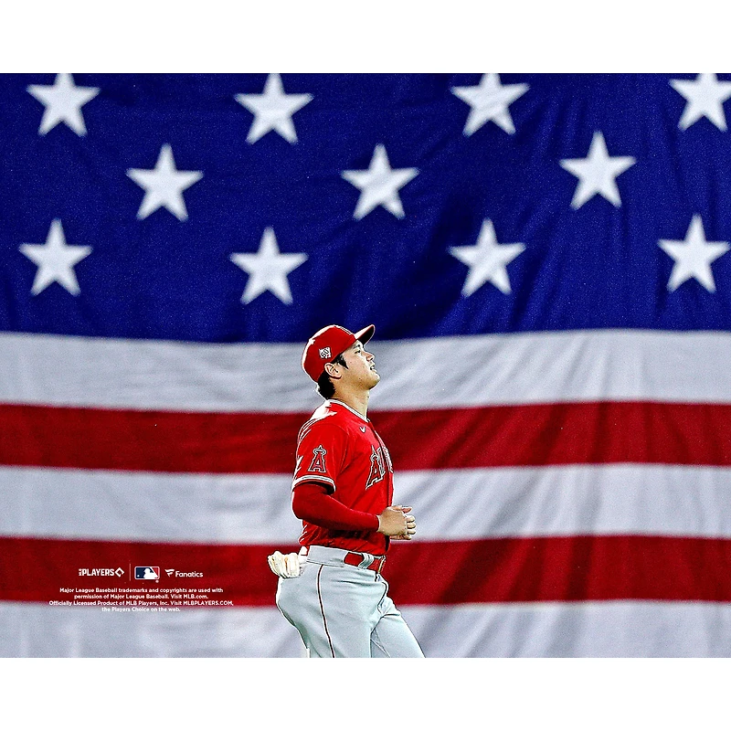 Shohei Ohtani Los Angeles Angels Unsigned In Front of the American Flag Photograph