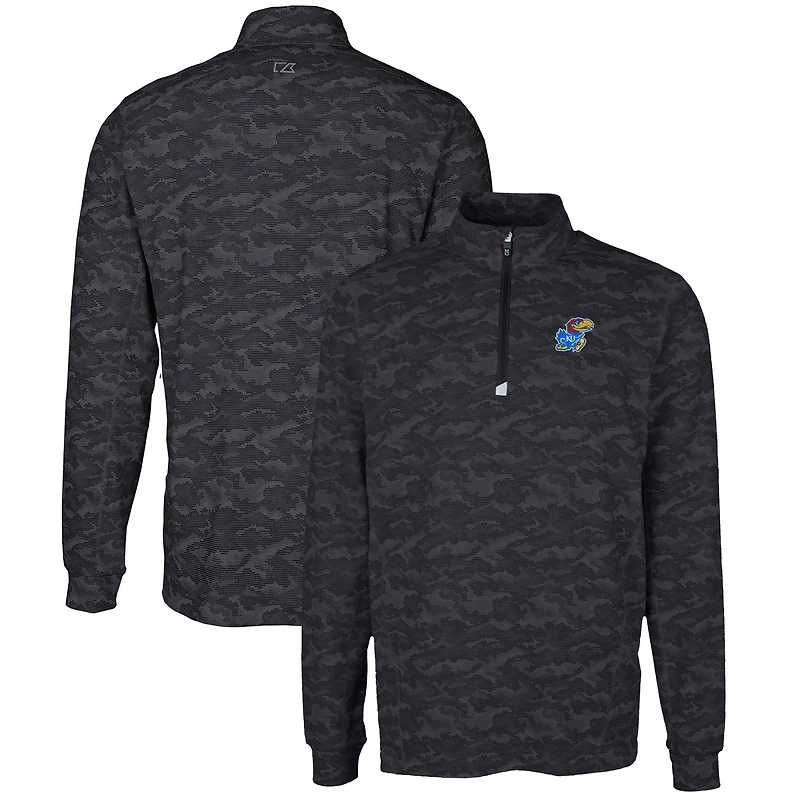 Men's Cutter & Buck Black Kansas Jayhawks Big & Tall Traverse Camo Print Stretch Quarter-Zip Pullover Top