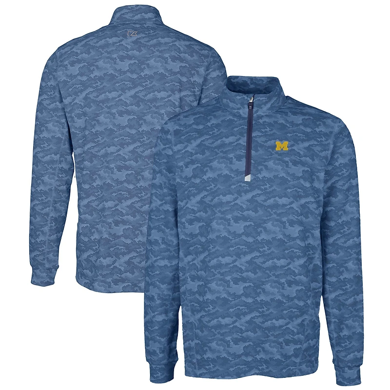 Men's Cutter & Buck Navy Michigan Wolverines Big & Tall Traverse Camo Print Stretch Quarter-Zip Pullover Top
