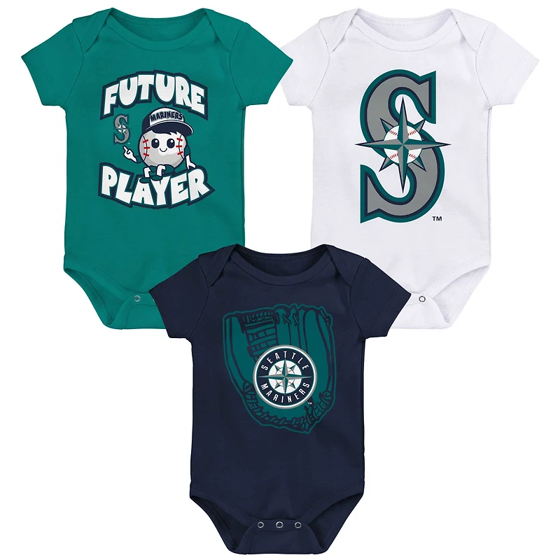 Newborn & Infant Teal/Navy/White Seattle Mariners Minor League Player Three-Pack Bodysuit Set