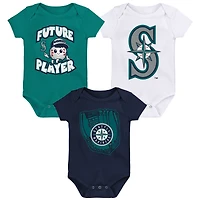 Newborn & Infant Teal/Navy/White Seattle Mariners Minor League Player Three-Pack Bodysuit Set