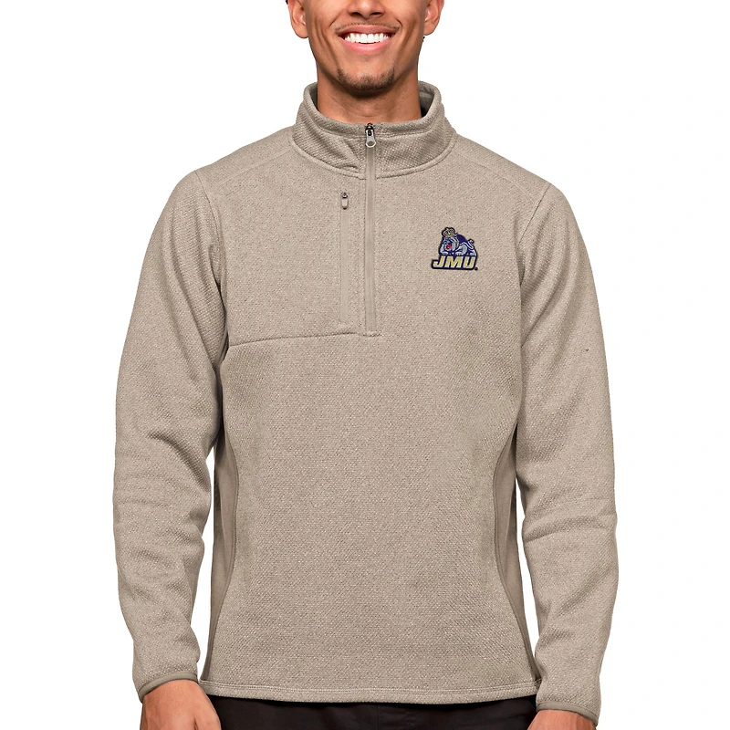 Men's Antigua Oatmeal James Madison Dukes Course Quarter-Zip Pullover Top