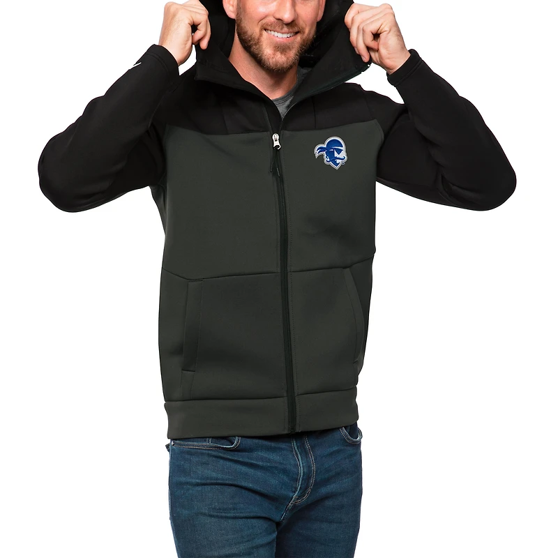 Men's Antigua Black/Charcoal Seton Hall Pirates Protect Full-Zip Hoodie