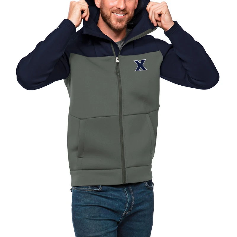 Men's Antigua Navy/Steel Xavier Musketeers Protect Full-Zip Hoodie