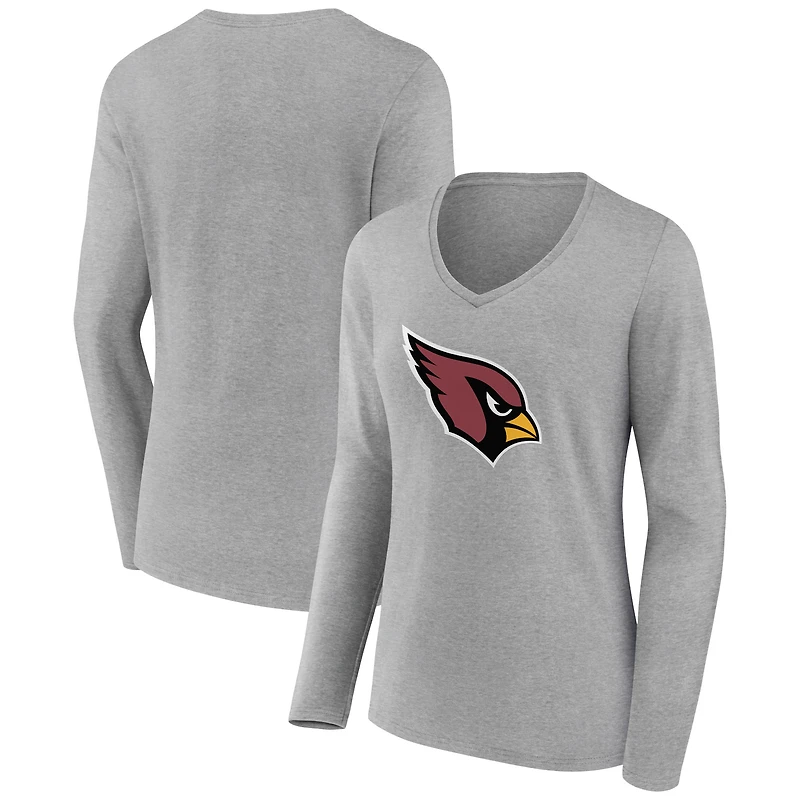 Women's Heather Gray Arizona Cardinals Primary Team Logo Long Sleeve V-Neck T-Shirt