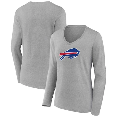 Women's Heather Gray Buffalo Bills Primary Team Logo Long Sleeve V-Neck T-Shirt