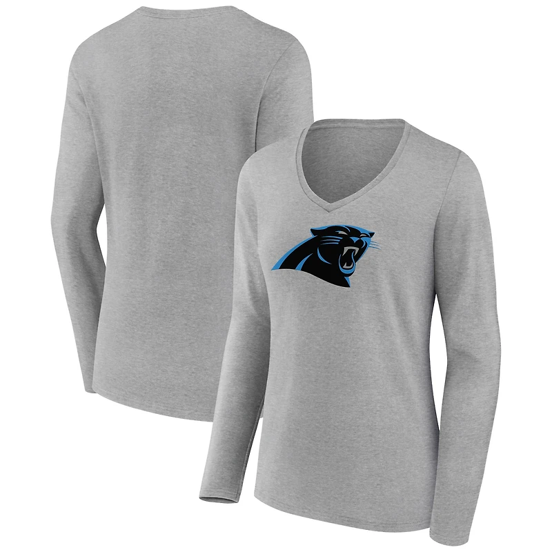Women's Heather Gray Carolina Panthers Primary Team Logo Long Sleeve V-Neck T-Shirt