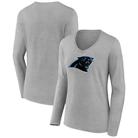 Women's Heather Gray Carolina Panthers Primary Team Logo Long Sleeve V-Neck T-Shirt