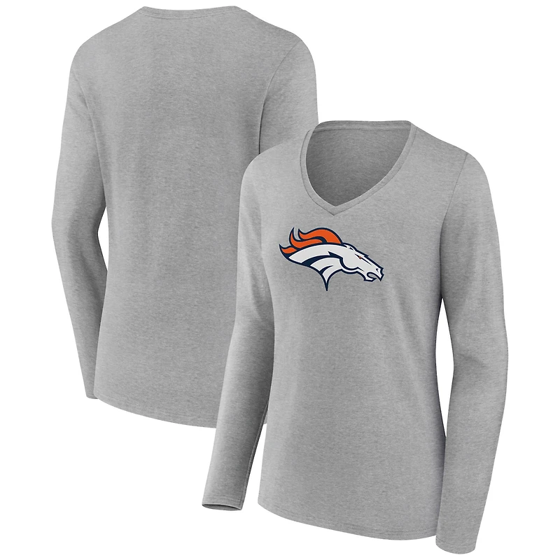 Women's Heather Gray Denver Broncos Primary Team Logo Long Sleeve V-Neck T-Shirt