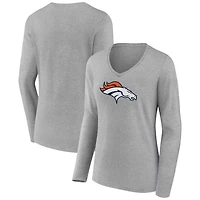 Women's Heather Gray Denver Broncos Primary Team Logo Long Sleeve V-Neck T-Shirt