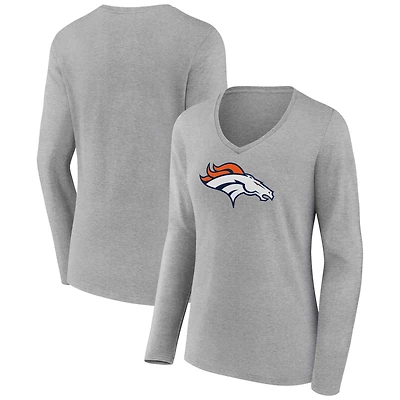 Women's Heather Gray Denver Broncos Primary Team Logo Long Sleeve V-Neck T-Shirt
