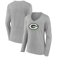 Women's Heather Gray Green Bay Packers Primary Team Logo Long Sleeve V-Neck T-Shirt