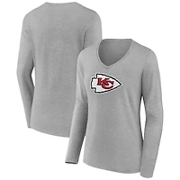 Women's Heather Gray Kansas City Chiefs Primary Team Logo Long Sleeve V-Neck T-Shirt
