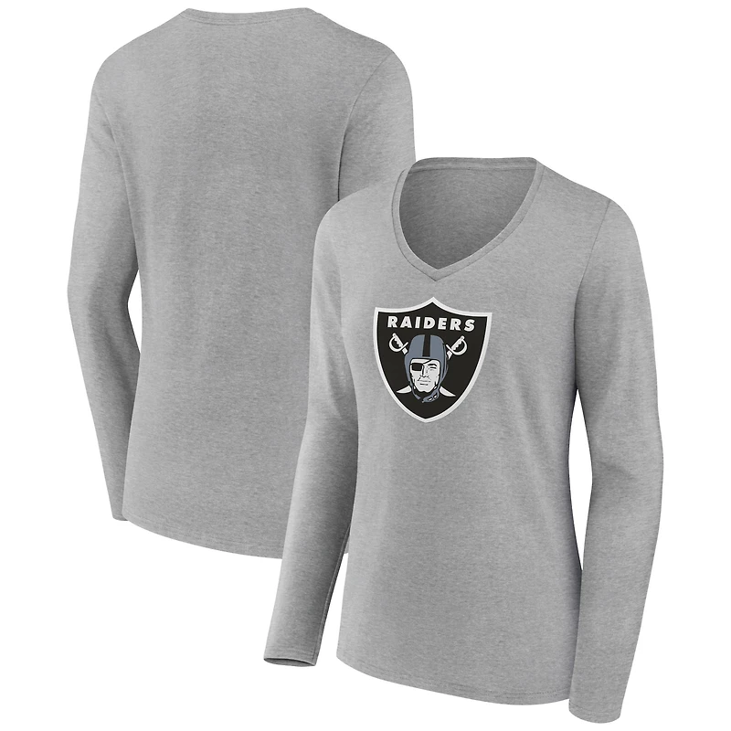 Women's Heather Gray Las Vegas Raiders Primary Team Logo Long Sleeve V-Neck T-Shirt