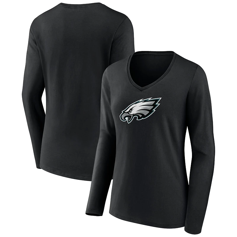 Women's Black Philadelphia Eagles Primary Team Logo Long Sleeve V-Neck T-Shirt